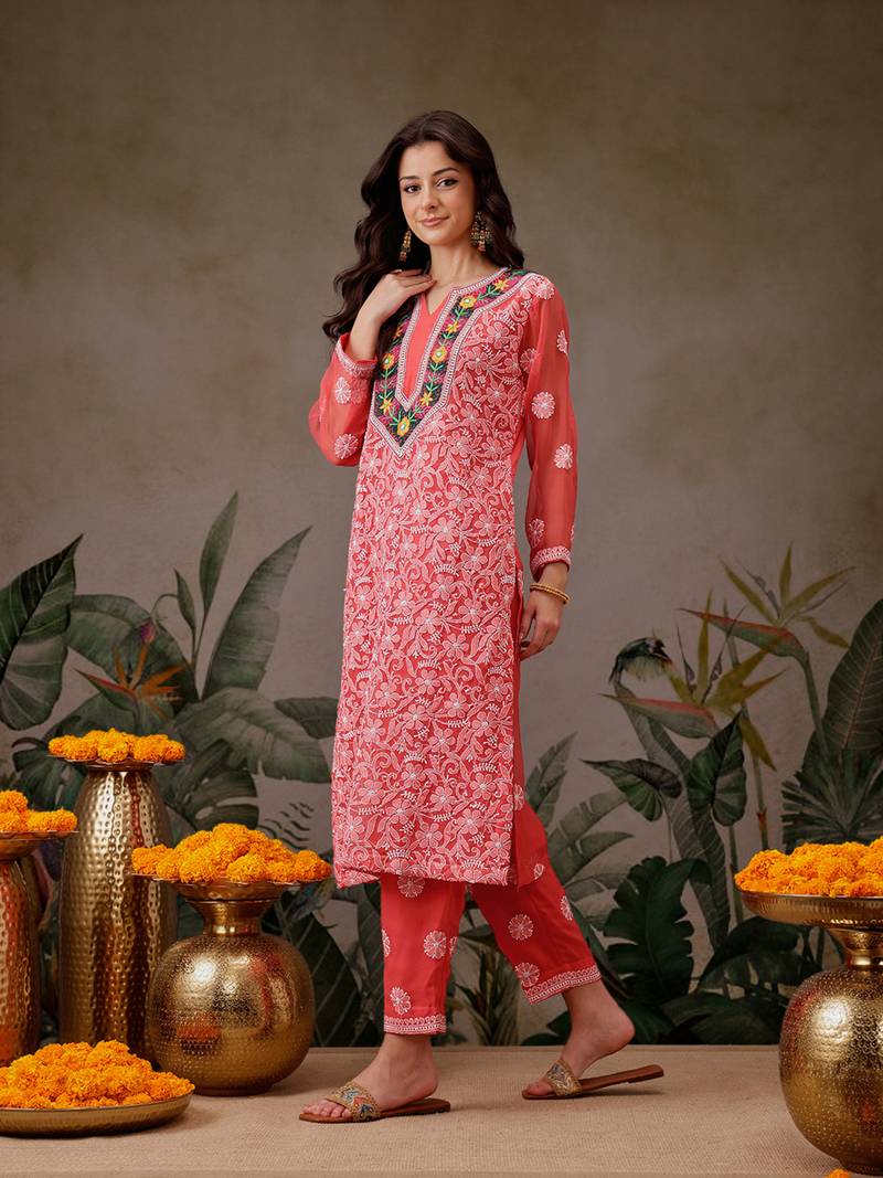 hand embroidered carrot pink georgette lucknowi chikankari unstitched suit piece with parsi work 