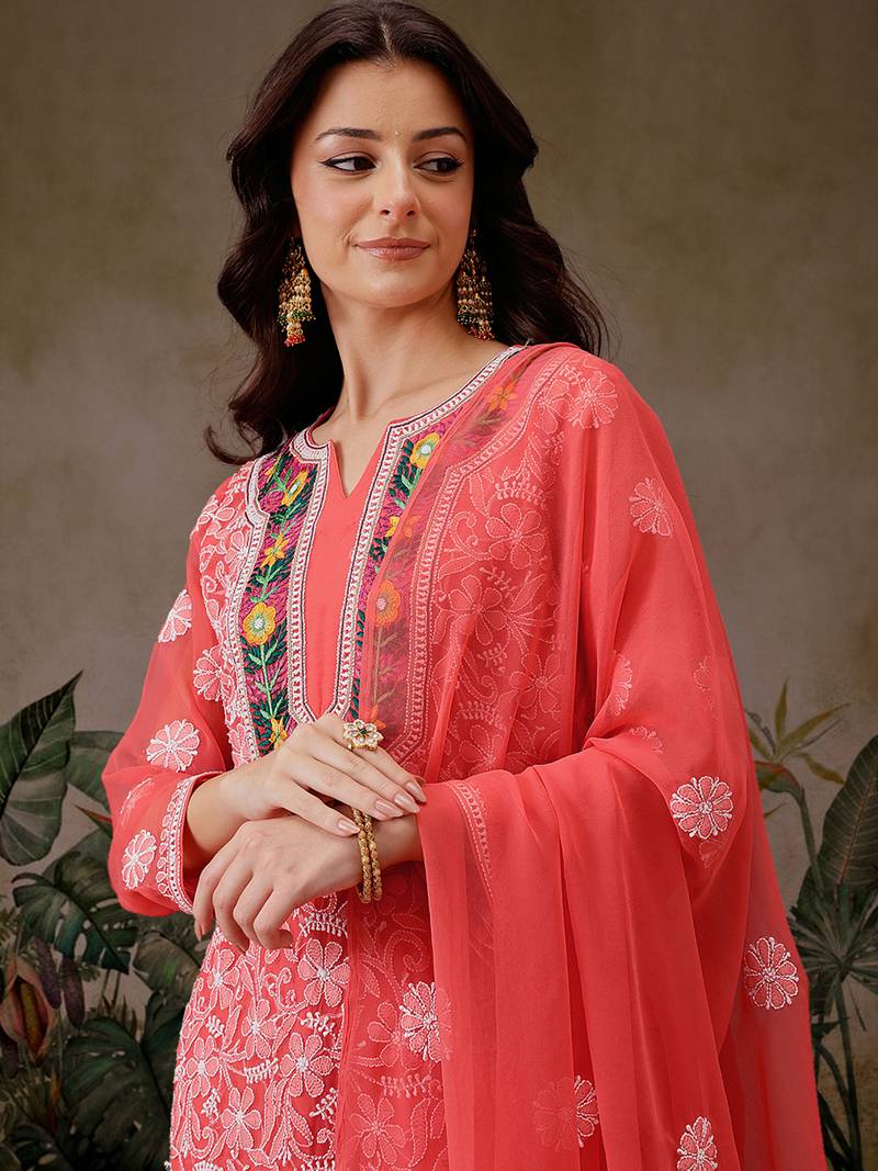hand embroidered carrot pink georgette lucknowi chikankari unstitched suit piece with parsi work 