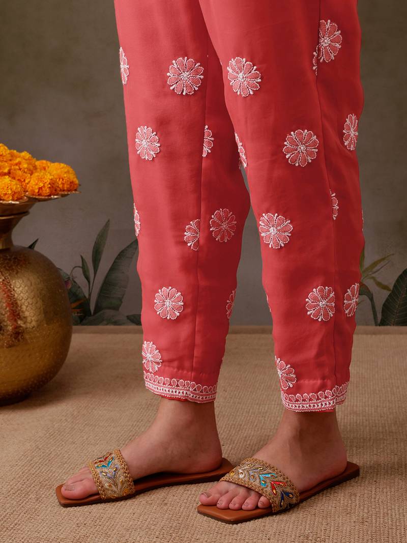 hand embroidered carrot pink georgette lucknowi chikankari unstitched suit piece with parsi work 