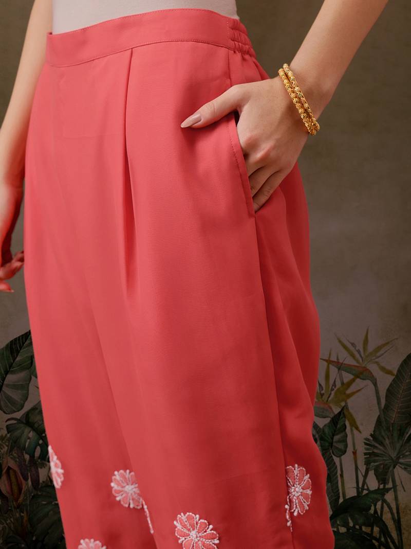 hand embroidered carrot pink georgette lucknowi chikankari unstitched suit piece with parsi work 