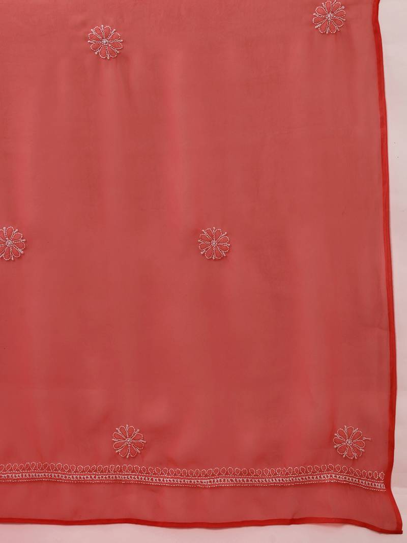 hand embroidered carrot pink georgette lucknowi chikankari unstitched suit piece with parsi work 
