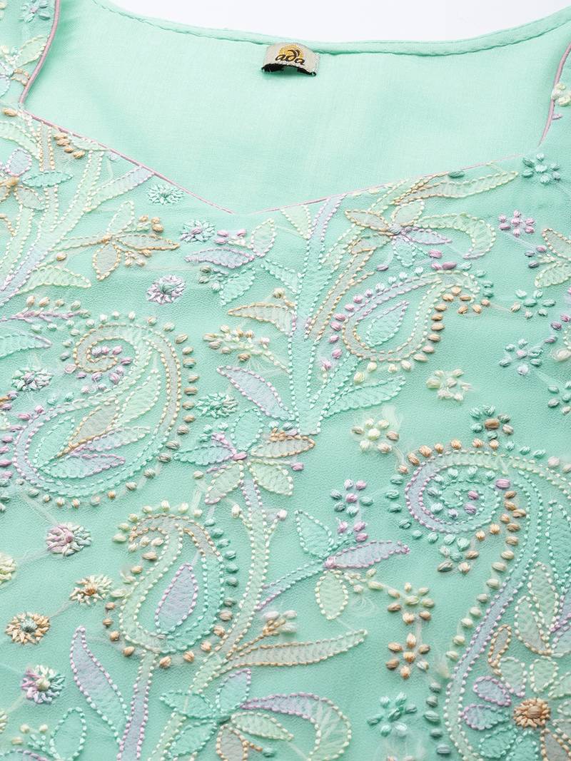hand embroidered sea green georgette lucknowi chikankari unstitched suit piece 