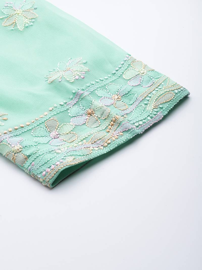 hand embroidered sea green georgette lucknowi chikankari unstitched suit piece 