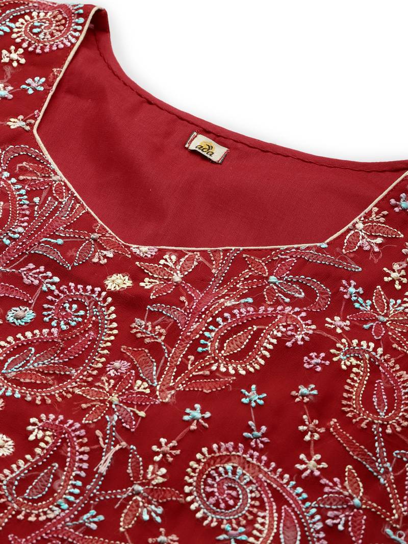 hand embroidered red georgette lucknowi chikankari unstitched suit piece 