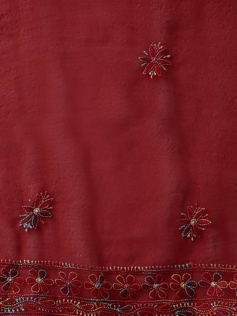 hand embroidered red georgette lucknowi chikankari unstitched suit piece 