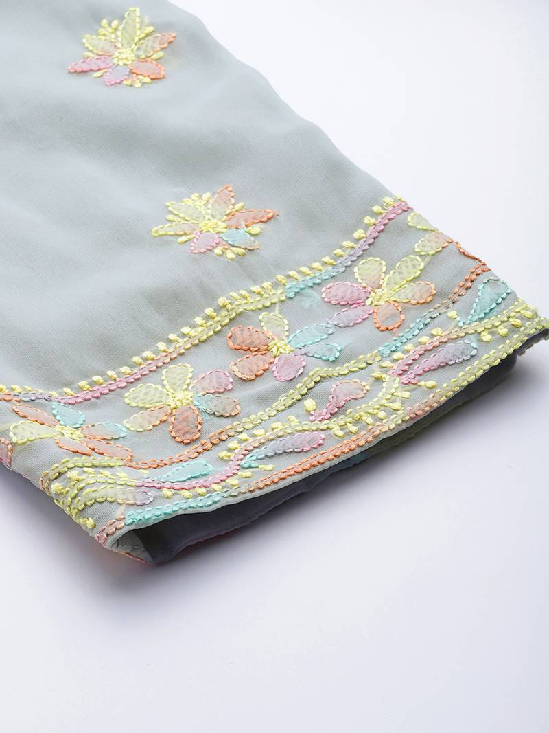 hand embroidered grey georgette lucknowi chikankari unstitched suit piece 