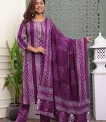 Purple women cotton rayon printed aline kurta pant with dupatta set