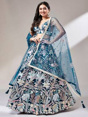 ravishing blue color sequins soft net party lehenga set choli with dupatta 1