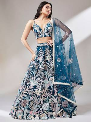 ravishing blue color sequins soft net party lehenga set choli with dupatta 2