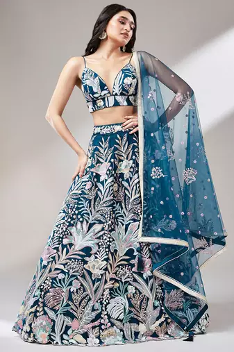 ravishing blue color sequins soft net party lehenga set choli with dupatta