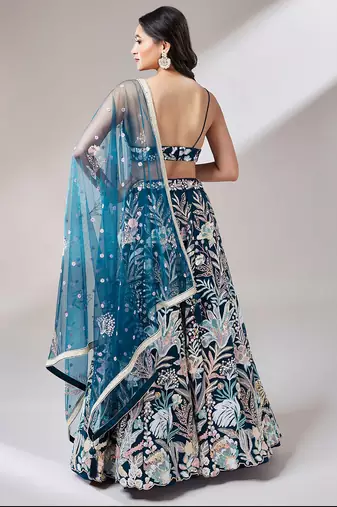 ravishing blue color sequins soft net party lehenga set choli with dupatta
