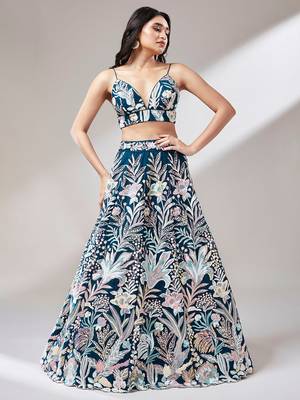 ravishing blue color sequins soft net party lehenga set choli with dupatta 4
