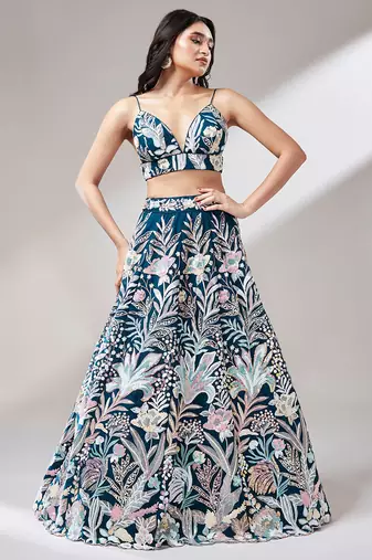 ravishing blue color sequins soft net party lehenga set choli with dupatta