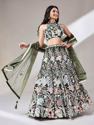 olive net sequin embroidered lehenga set choli with dupatta 2