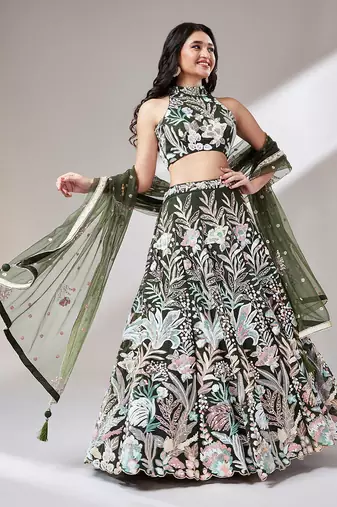 olive net sequin embroidered lehenga set choli with dupatta