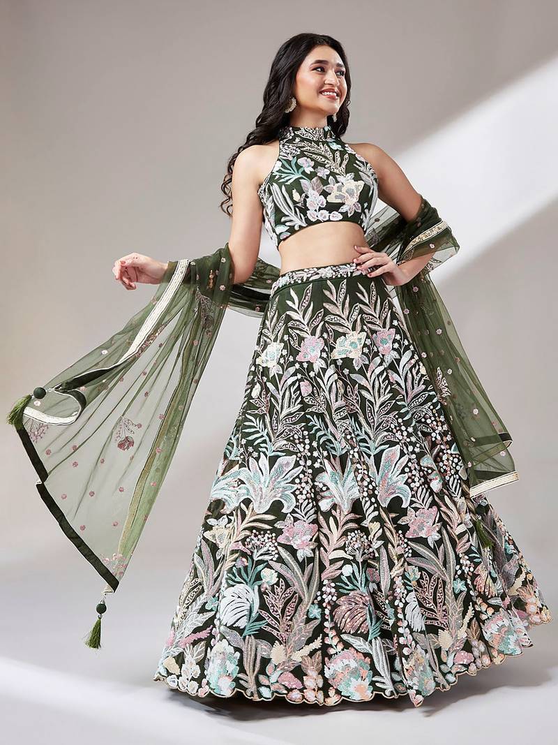 Olive Net Sequin Embroidered Lehenga Choli