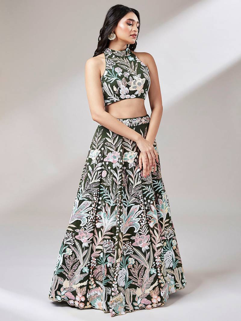 Olive Net Sequin Embroidered Lehenga Choli