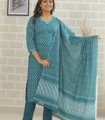 Sea green women printed aline kurta pant with dupatta set