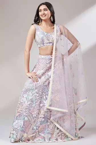  lavender sequins soft net lehenga set choli with dupatta