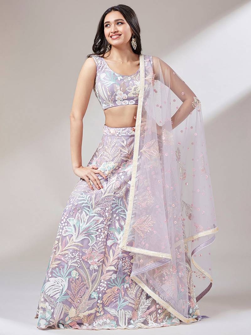 Captivating Lavender Sequins Soft Net Reception Wear Lehenga Choli