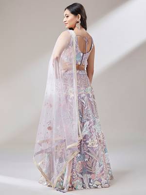  lavender sequins soft net lehenga set choli with dupatta 3