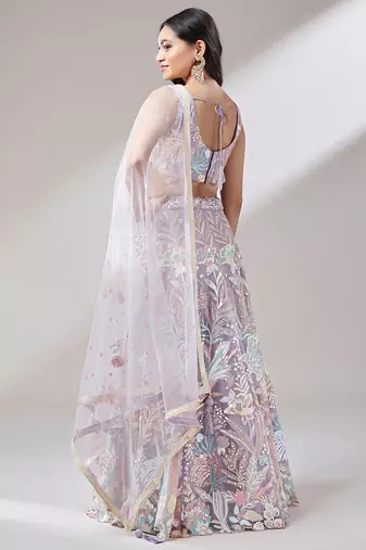  lavender sequins soft net lehenga set choli with dupatta