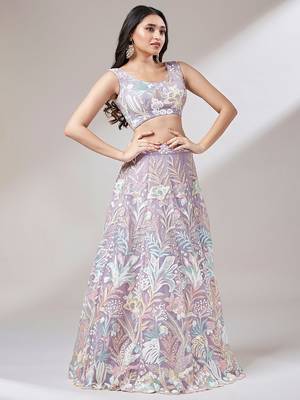  lavender sequins soft net lehenga set choli with dupatta 4