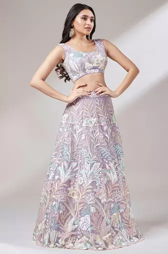  lavender sequins soft net lehenga set choli with dupatta