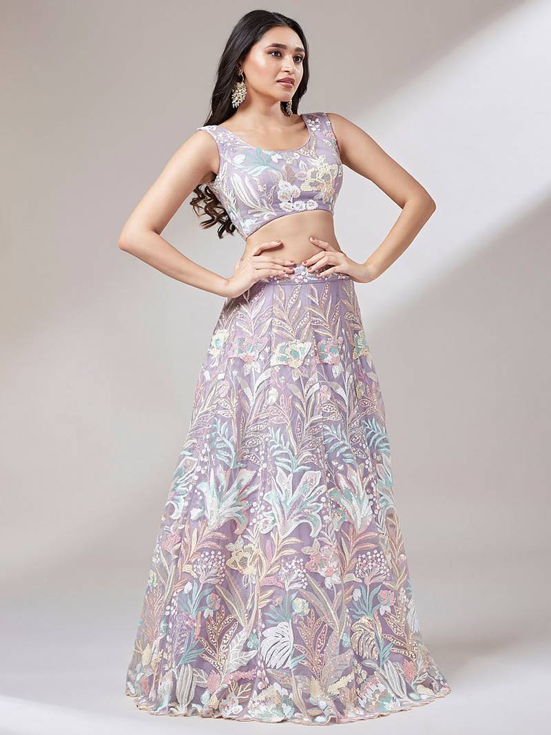 Captivating Lavender Sequins Soft Net Reception Wear Lehenga Choli