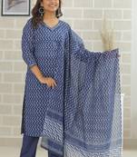 Blue women printed aline kurta pant with dupatta set