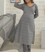 Grey women printed aline kurta pant with dupatta set