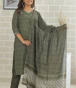 Olive women printed aline kurta pant with dupatta set