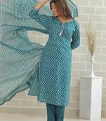 Sea green women printed aline kurta pant with dupatta set
