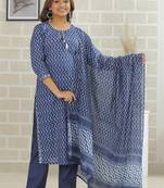 Blue women printed aline kurta pant with dupatta set