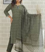 Olive women printed aline kurta pant with dupatta set
