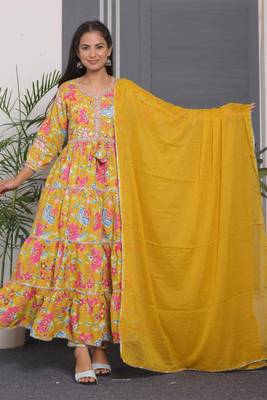 Mustard women cotton rayon printed anarkali kurta pant with dupatta set 1