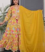 Mustard women cotton rayon printed anarkali kurta pant with dupatta set