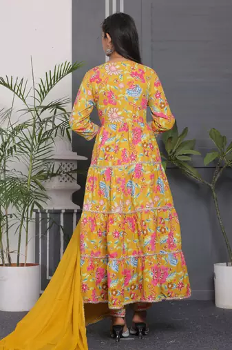 Mustard women cotton rayon printed anarkali kurta pant with dupatta set