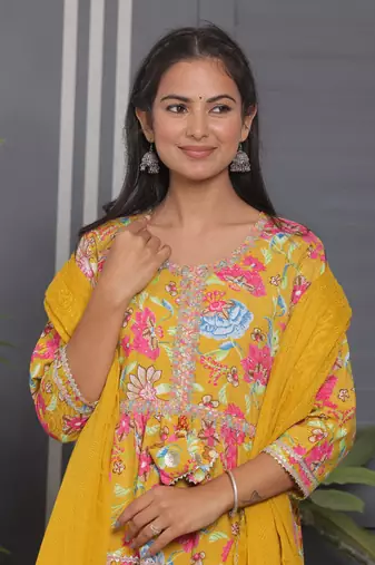 Mustard women cotton rayon printed anarkali kurta pant with dupatta set