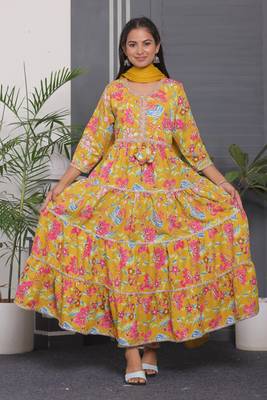 Mustard women cotton rayon printed anarkali kurta pant with dupatta set 4