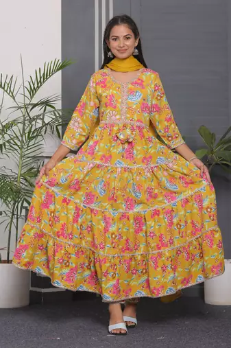 Mustard women cotton rayon printed anarkali kurta pant with dupatta set