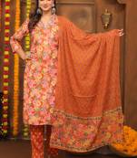 Orange women cotton rayon printed aline kurta pant with dupatta set