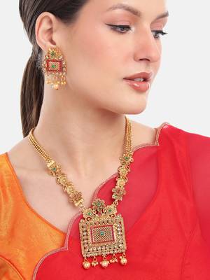Matte gold plated multi color kempu kundan gemstone-studded necklace jewelry set 1