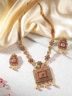 Matte gold plated multi color kempu kundan gemstone-studded necklace jewelry set 2