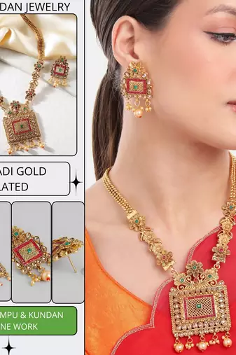 Matte gold plated multi color kempu kundan gemstone-studded necklace jewelry set
