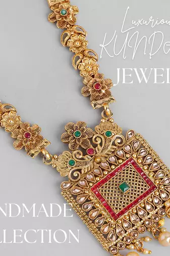 Matte gold plated multi color kempu kundan gemstone-studded necklace jewelry set