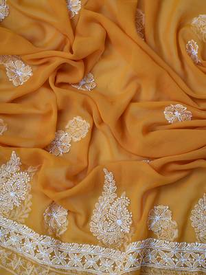 hand embroidered mustard georgette lucknowi chikankari unstitched suit piece  5