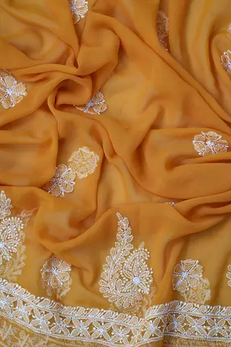 hand embroidered mustard georgette lucknowi chikankari unstitched suit piece 