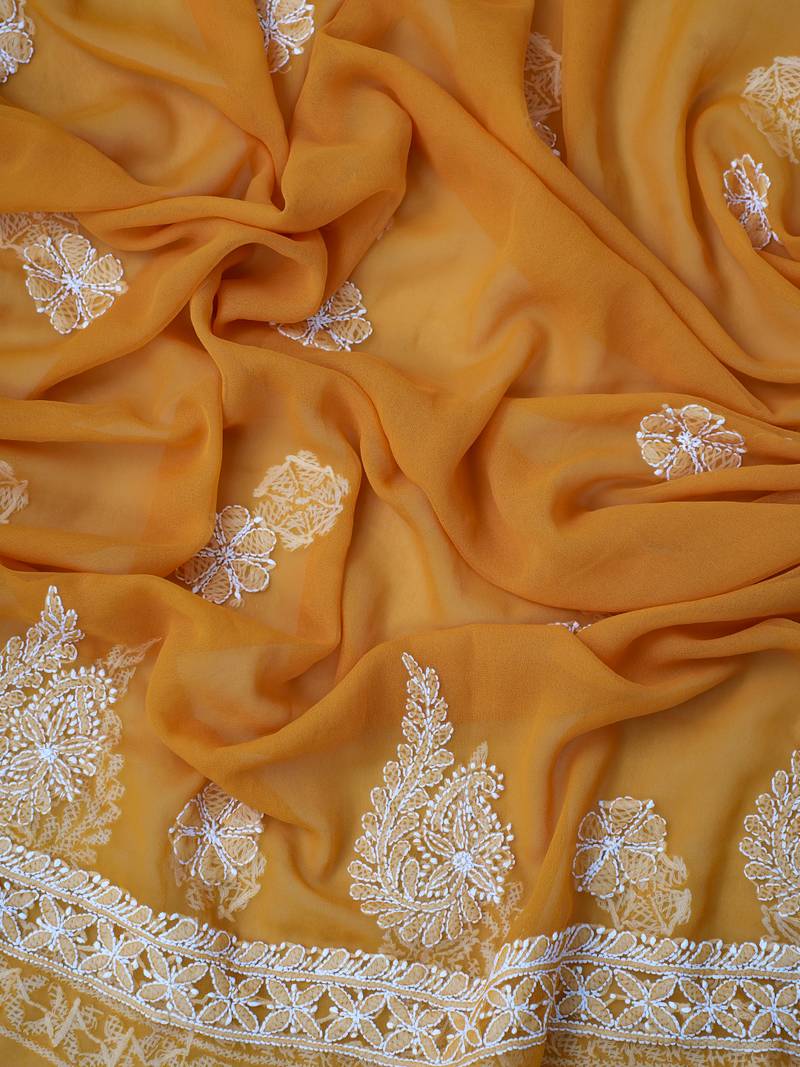 hand embroidered mustard georgette lucknowi chikankari unstitched suit piece 