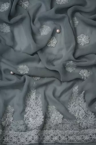 hand embroidered grey georgette lucknowi chikankari unstitched suit piece 